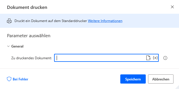 Screenshot der Eigenschaften der Aktion „Dokument drucken“