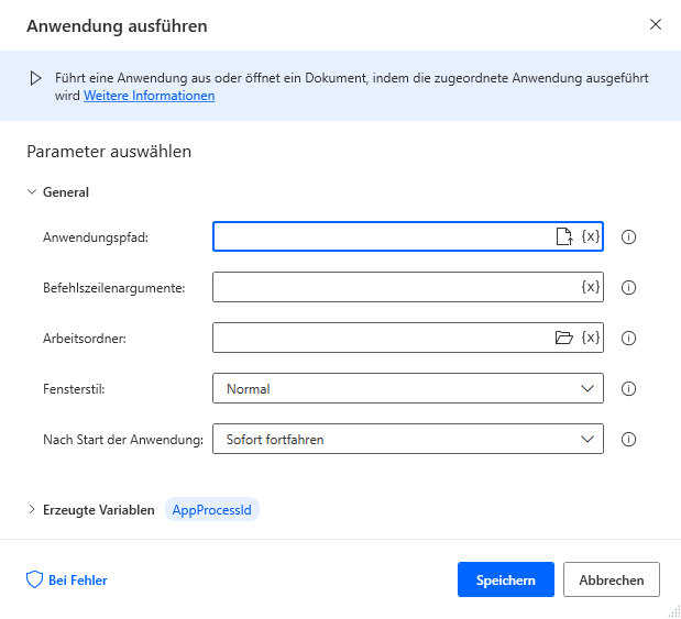 Screenshot der Eigenschaften der Aktion „Anwendung ausführen“
