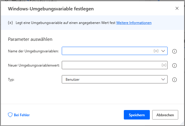 Screenshot der Eigenschaften der Aktion „Umgebungsvariable festlegen“