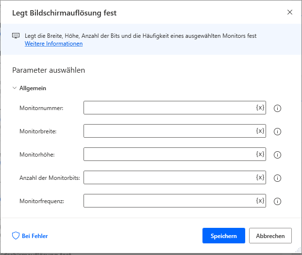 Screenshot der Eigenschaften der Aktion „Bildschirmauflösung festlegen“