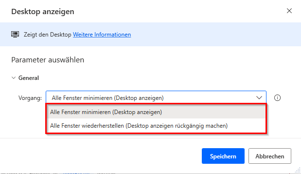 Screenshot der Eigenschaften der Aktion „Desktop anzeigen“