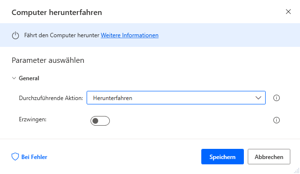 Screenshot der Eigenschaften der Aktion „Computer herunterfahren“