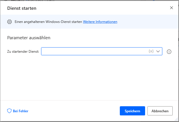 Screenshot der Eigenschaften der Aktion „Dienst starten“