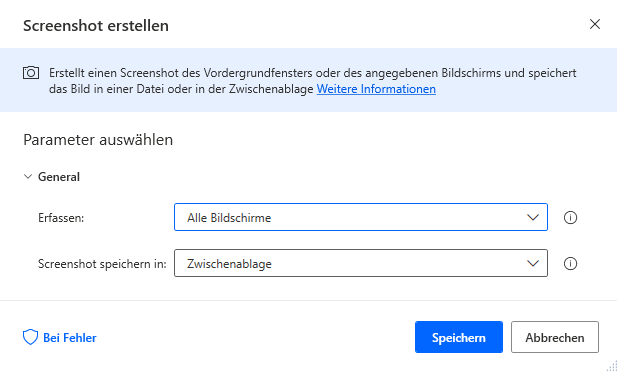 Screenshot der Eigenschaften der Aktion „Screenshot erstellen“