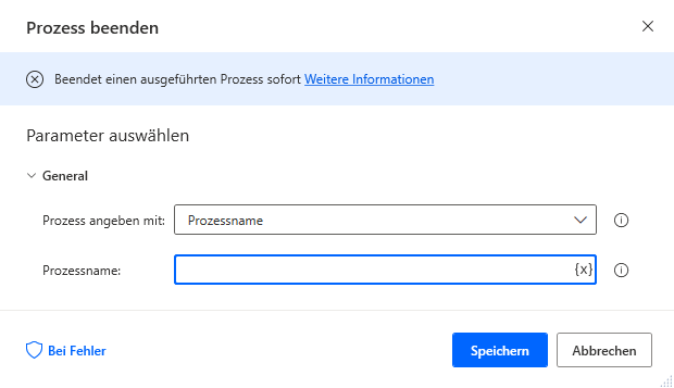 Screenshot der Eigenschaften der Aktion „Prozess beenden“
