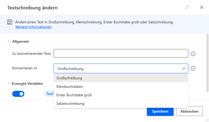 Screenshot der Eigenschaften der Aktion „Textschreibung ändern“
