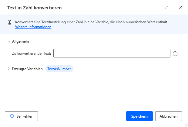 Screenshot der Eigenschaften der Aktion „Text in Zahl konvertieren“.