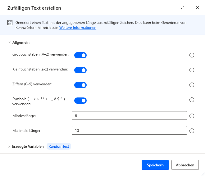 Screenshot der Eigenschaften der Aktion „Zufälligen Text erstellen“