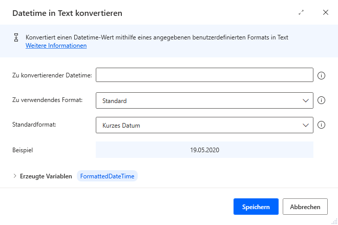 Screenshot der Eigenschaften der Aktion „Datetime in Text konvertieren“