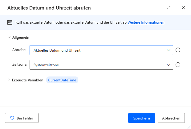 Screenshot der Eigenschaften der Aktion „Aktuelles Datum und Uhrzeit abrufen“