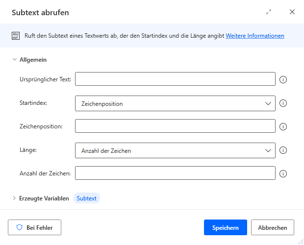 Screenshot der Eigenschaften der Aktion „Subtext abrufen“.