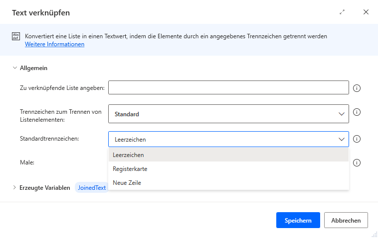 Screenshot der Eigenschaften der Aktion „Text verknüpfen“