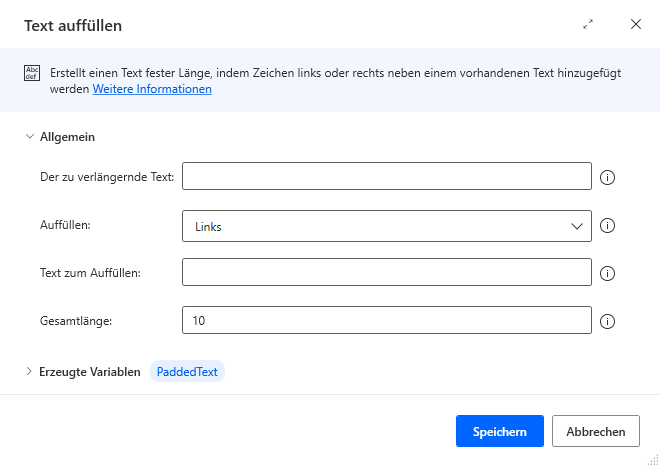 Screenshot der Eigenschaften der Aktion „Text auffüllen“.