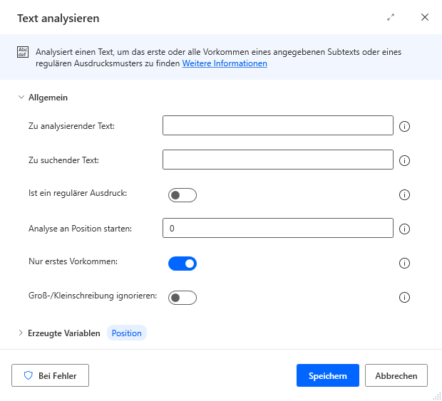 Screenshot der Eigenschaften der Aktion „Text analysieren“