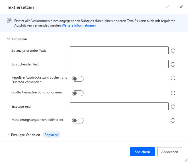 Screenshot der Eigenschaften der Aktion „Text ersetzen“