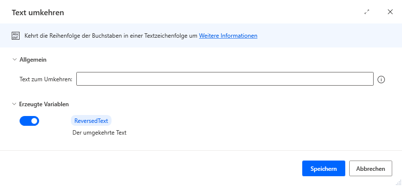 Screenshot der Eigenschaften der Textaktion „Auffüllen umkehren“.