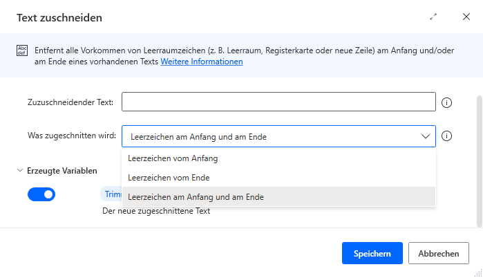Screenshot der Eigenschaften der Aktion „Text zuschneiden“