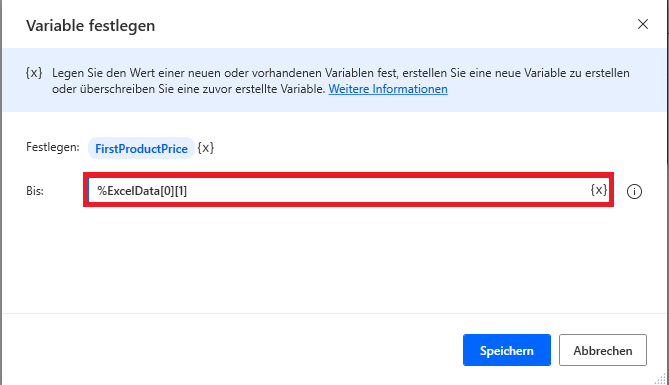 Screenshot der Notation für den Zugriff auf ein Tabellenelement.