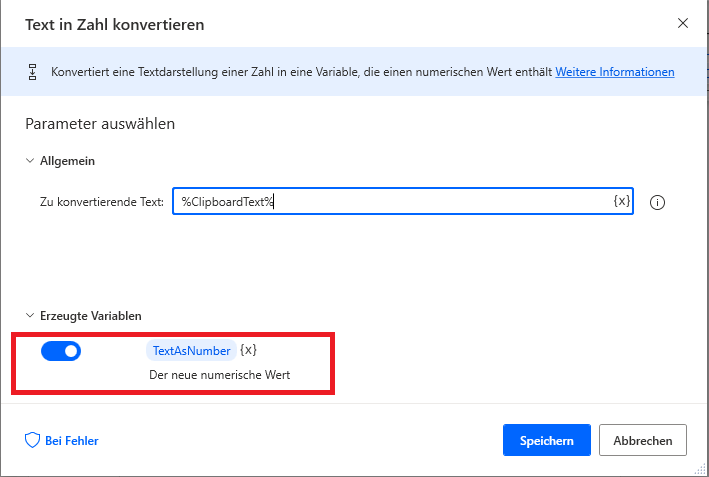 Screenshot der Aktion „Text in Zahl konvertieren“