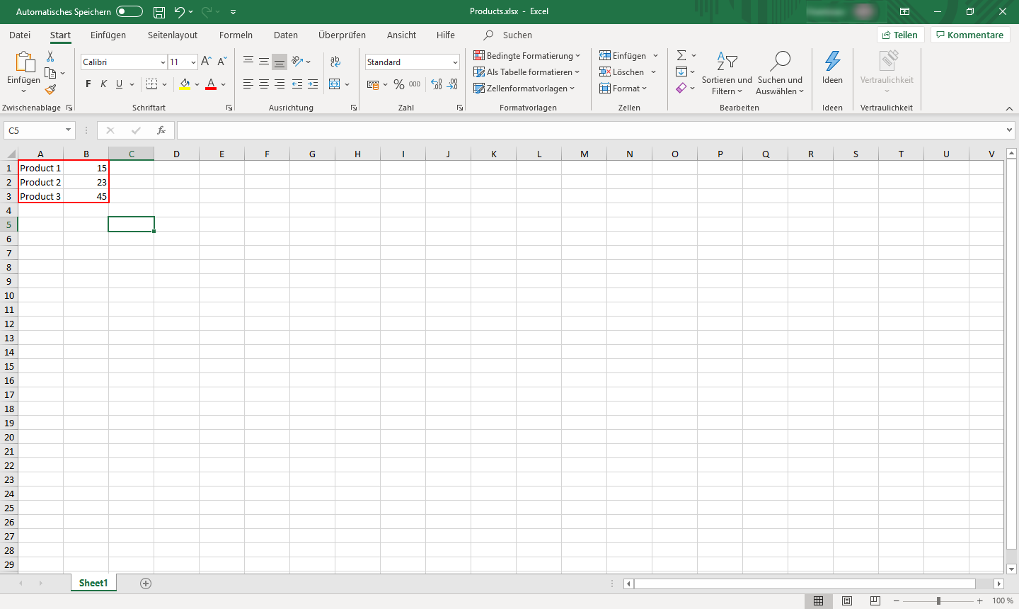 Screenshot einer Excel-Tabelle mit Produkten und Preisen.