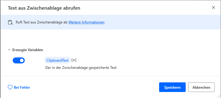 Screenshot der Aktion „Text aus Zwischenablage abrufen“