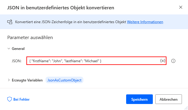 Screenshot eines JSON-Blocks als Parameter in der Aktion 