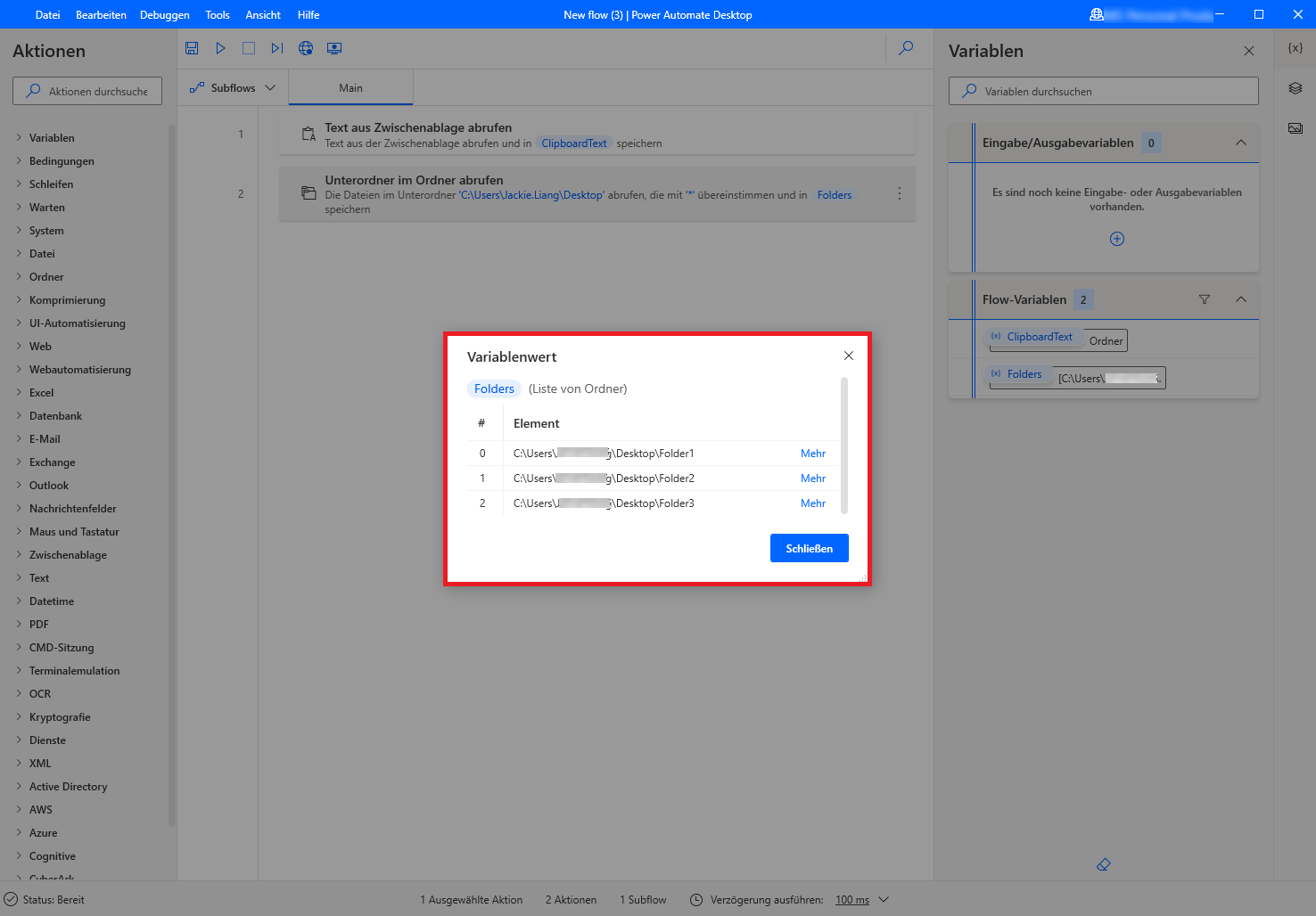 Screenshot einer Listenvariable, die Ordner enthält.