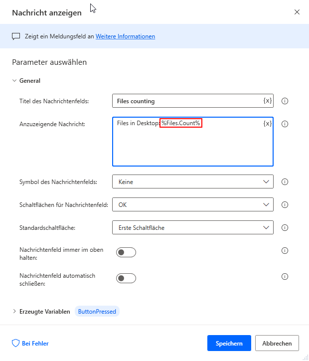 Screenshot der Notation, um die Größe einer Dateiliste zu ermitteln