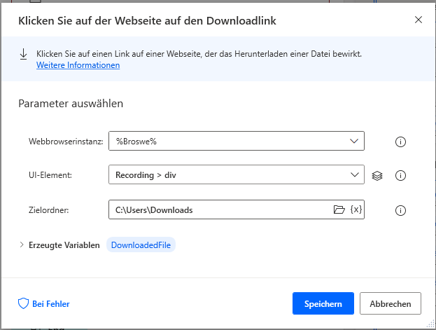 Screenshot der Aktion „Auf Downloadlink auf Webseite klicken“