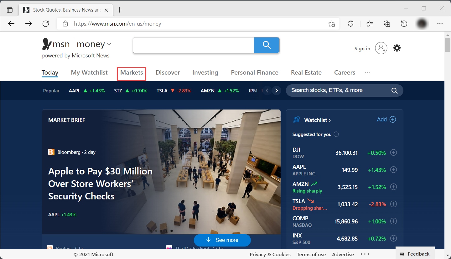 Screenshot of the first Click link on web page action clicking the Markets link.