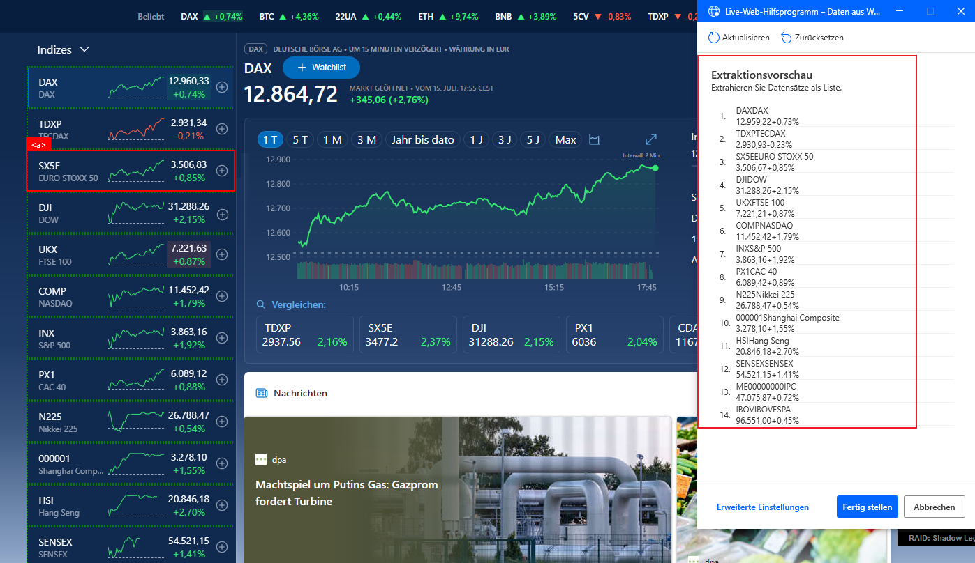 Screenshot of the Extraction preview of all stocks.