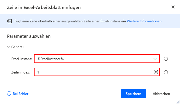Screenshot zur Aktion „Zeile in Excel-Arbeitsblatt einfügen“