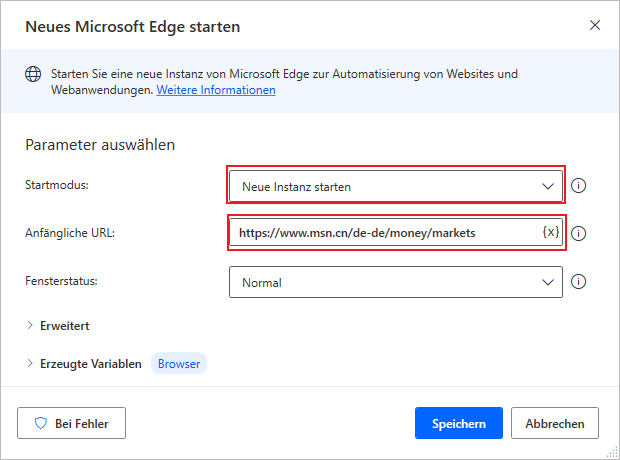 Screenshot der Aktion „Neue Edge-Instanz starten“