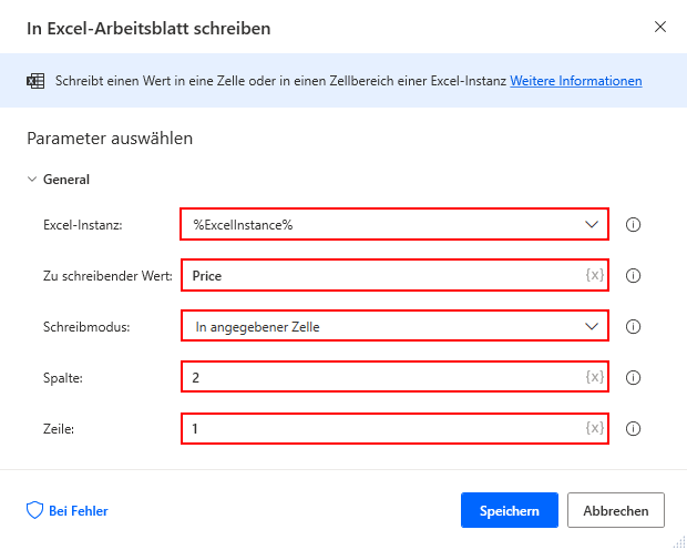 Screenshot zur zweiten Aktion „In Excel-Arbeitsblatt schreiben“ zum Schreiben der Preiskopfzeile