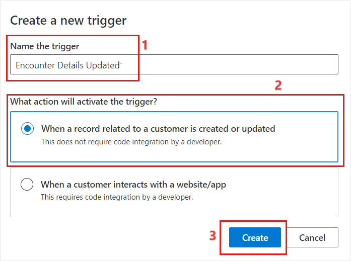 Screenshot of the create trigger page with the Create button.