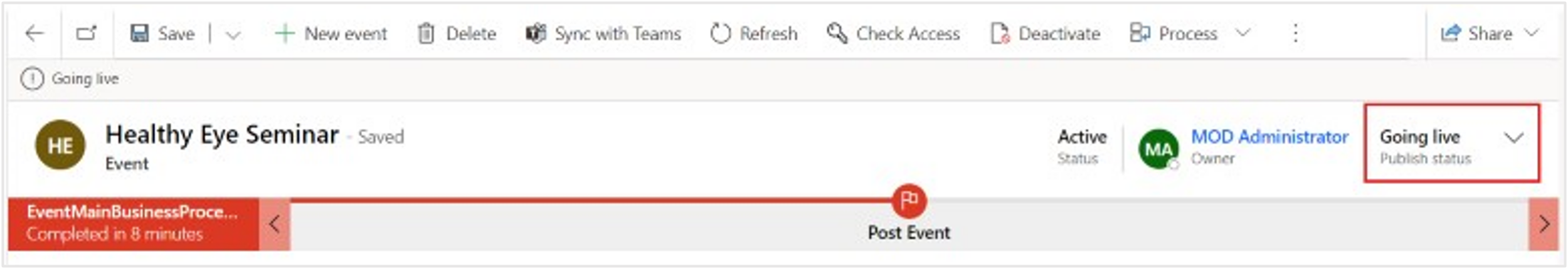 Screenshot of the going live status.