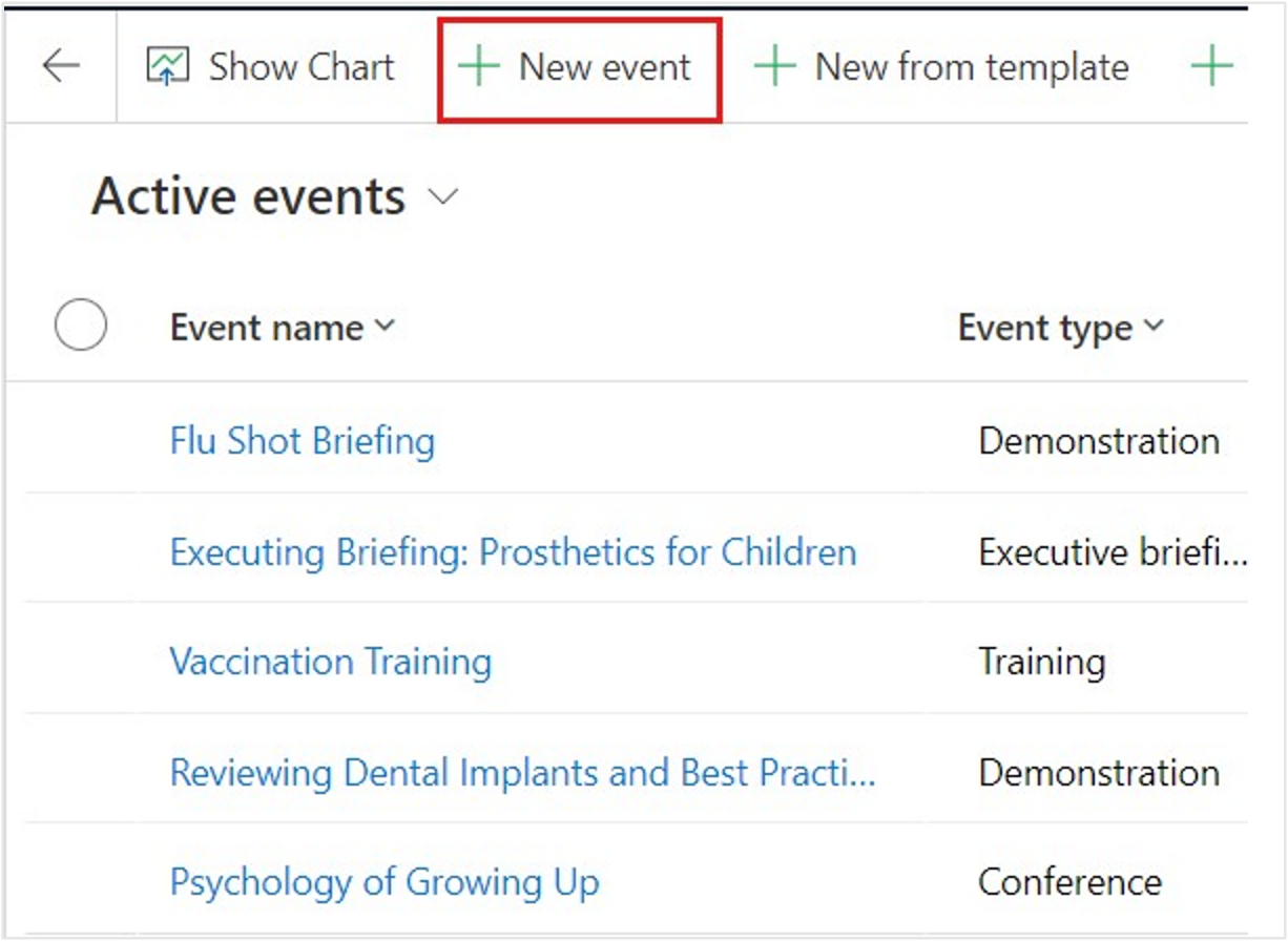Screenshot of new event button.