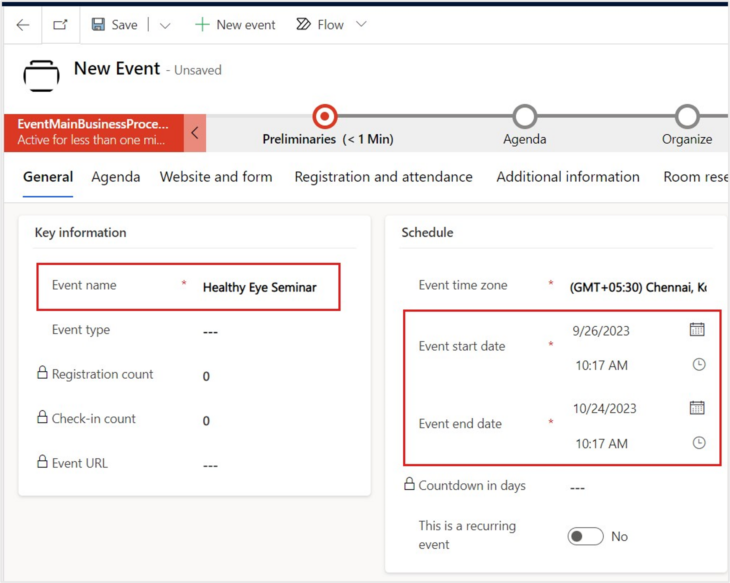 Screenshot of the Schedule section, showing the Time zone, Start date, and End date areas.