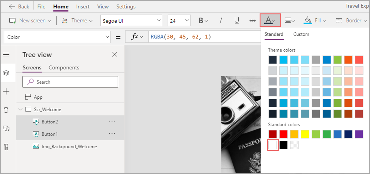 Screenshot der Startansicht in Power Apps, wobei beide Schaltflächen ausgewählt sind und die Schriftfarbe zum Anzeigen der Farbauswahl erweitert ist