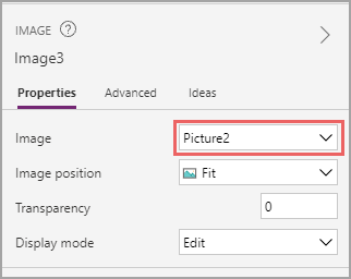Screenshot des Dropdownmenüs „Bild“ im Bereich „Eigenschaften“, mit der Einstellung von „Bild“ auf „Bild2“