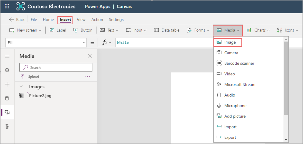 Screenshot der Ansichtsspalte in Power Apps mit dem ausgewählten Menü „Medien“ und der hervorgehobenen Option „Bild“