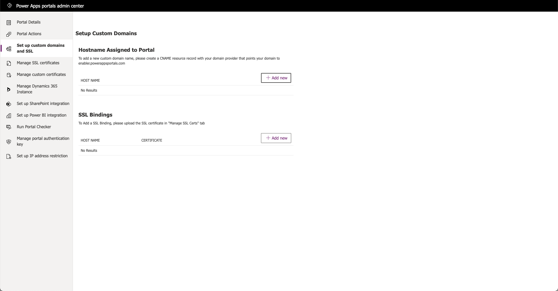 Screenshot der Seite „Benutzerdefinierten Domänennamen und SSL einrichten“ im Admin Center für Power Apps-Portale