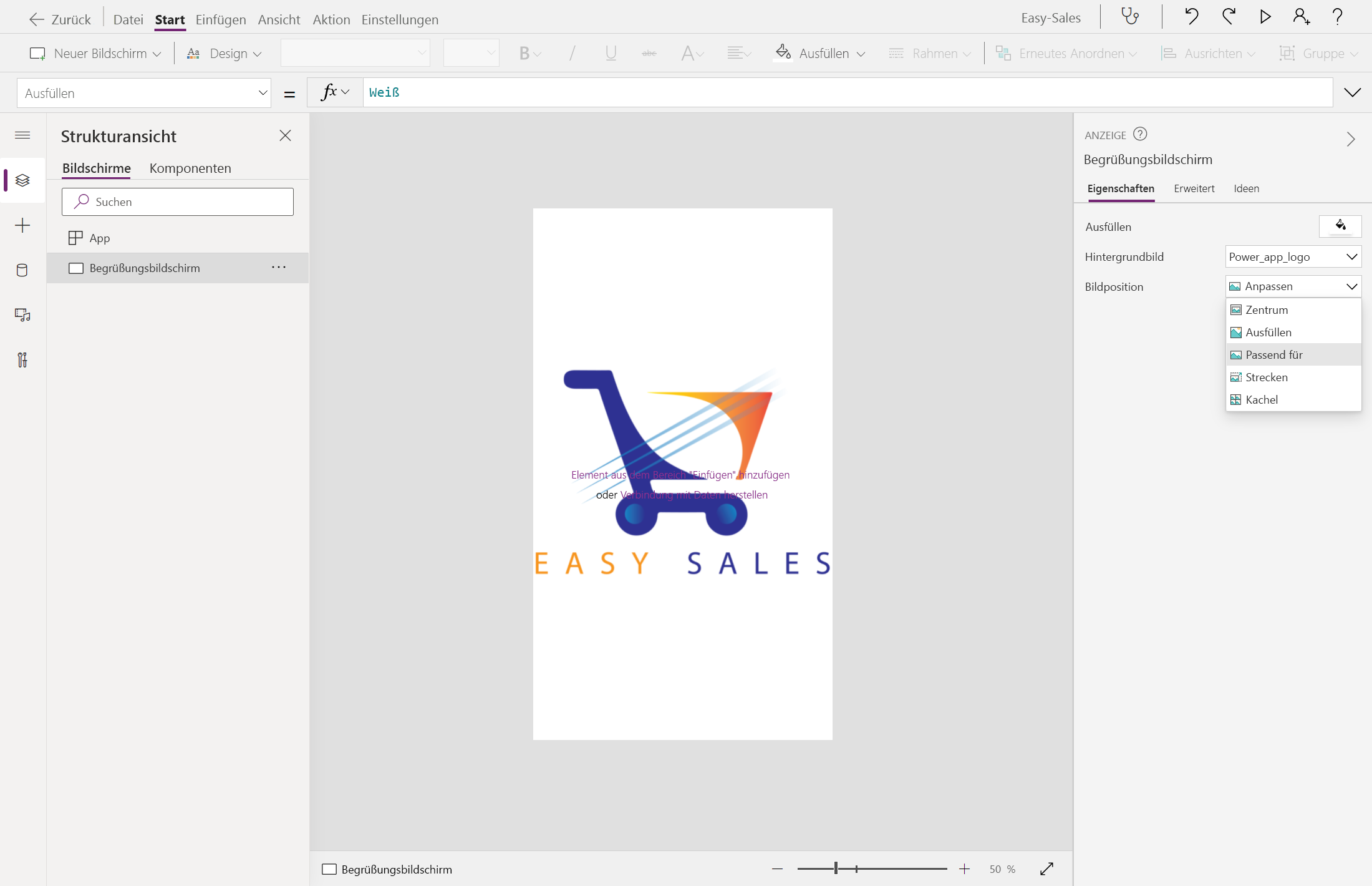 Screenshot des Hinzufügens des Easy Sales-Logos zum Begrüßungsbildschirm.