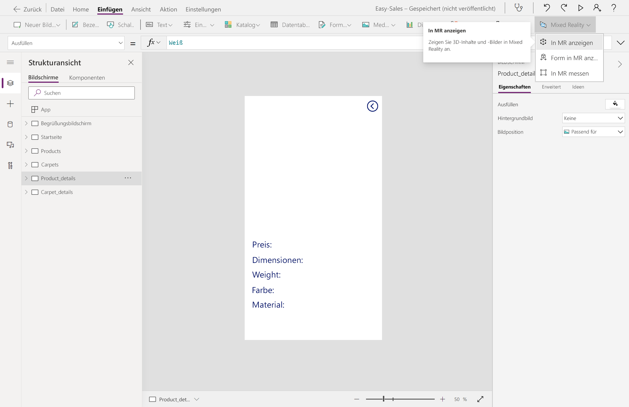 Screenshot: Hinzufügen der Schaltfläche „In MR anzeigen“.