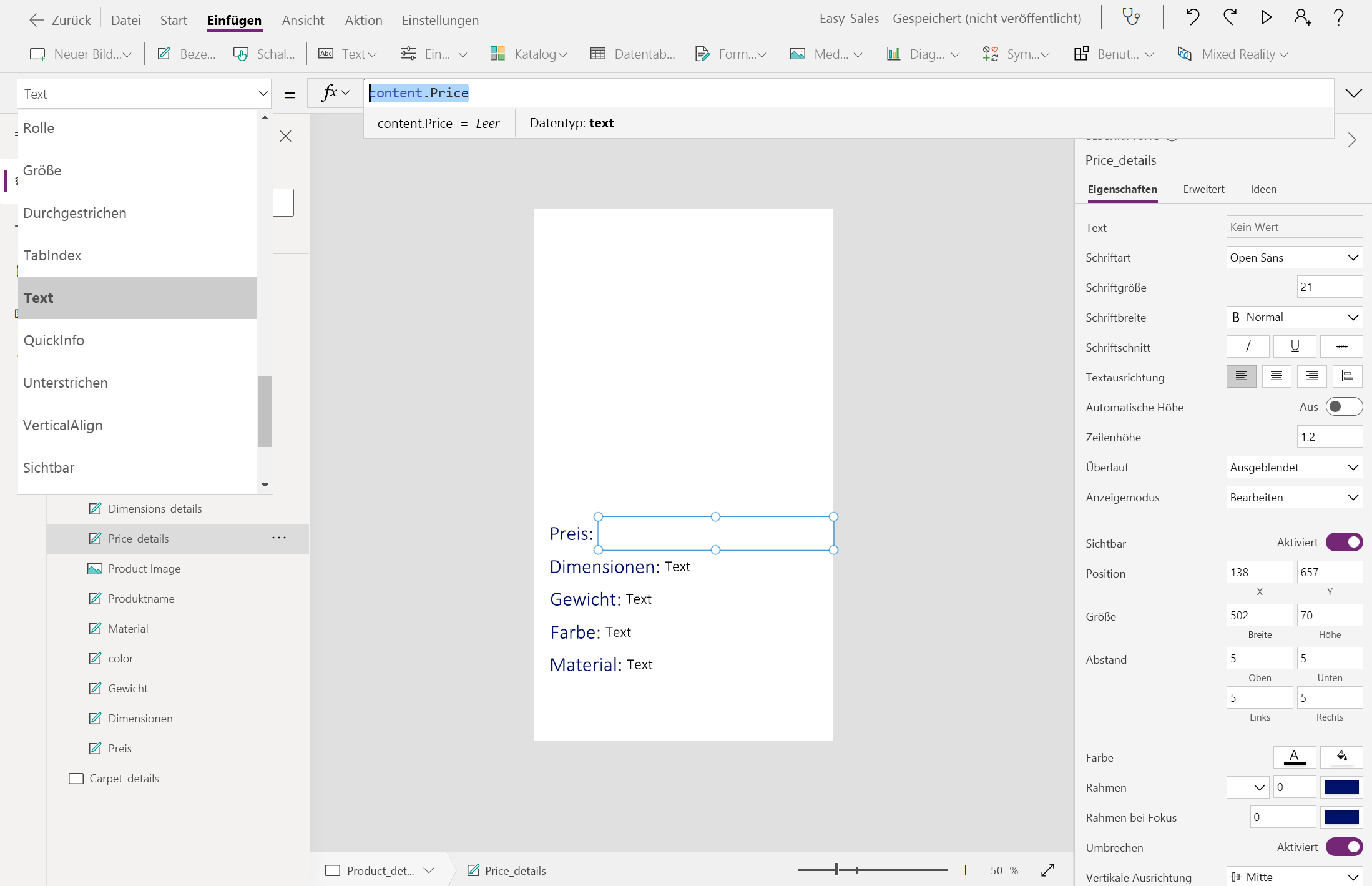 Screenshot: leere Bezeichnung für den Preis.
