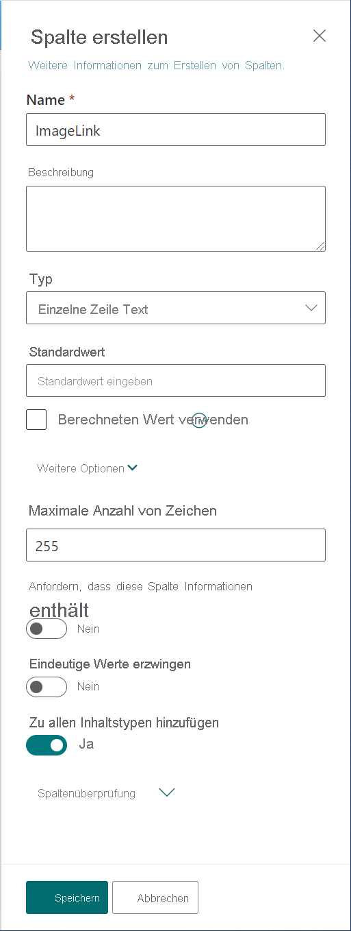 Screenshot des Erstellens einer Spalte.