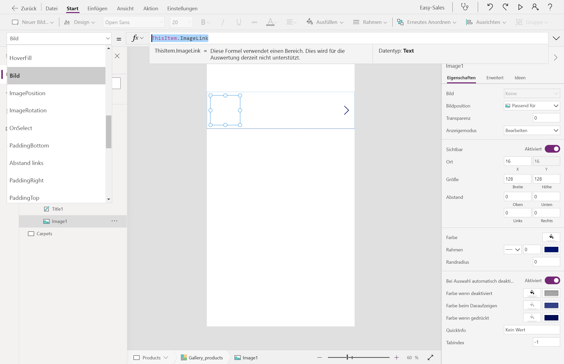 Screenshot der Konfiguration der Bildeigenschaft auf der Produktseite