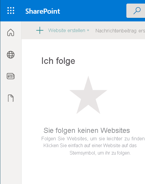 Screenshot, der das Erstellen einer Website auf der SharePoint-Startseite zeigt.