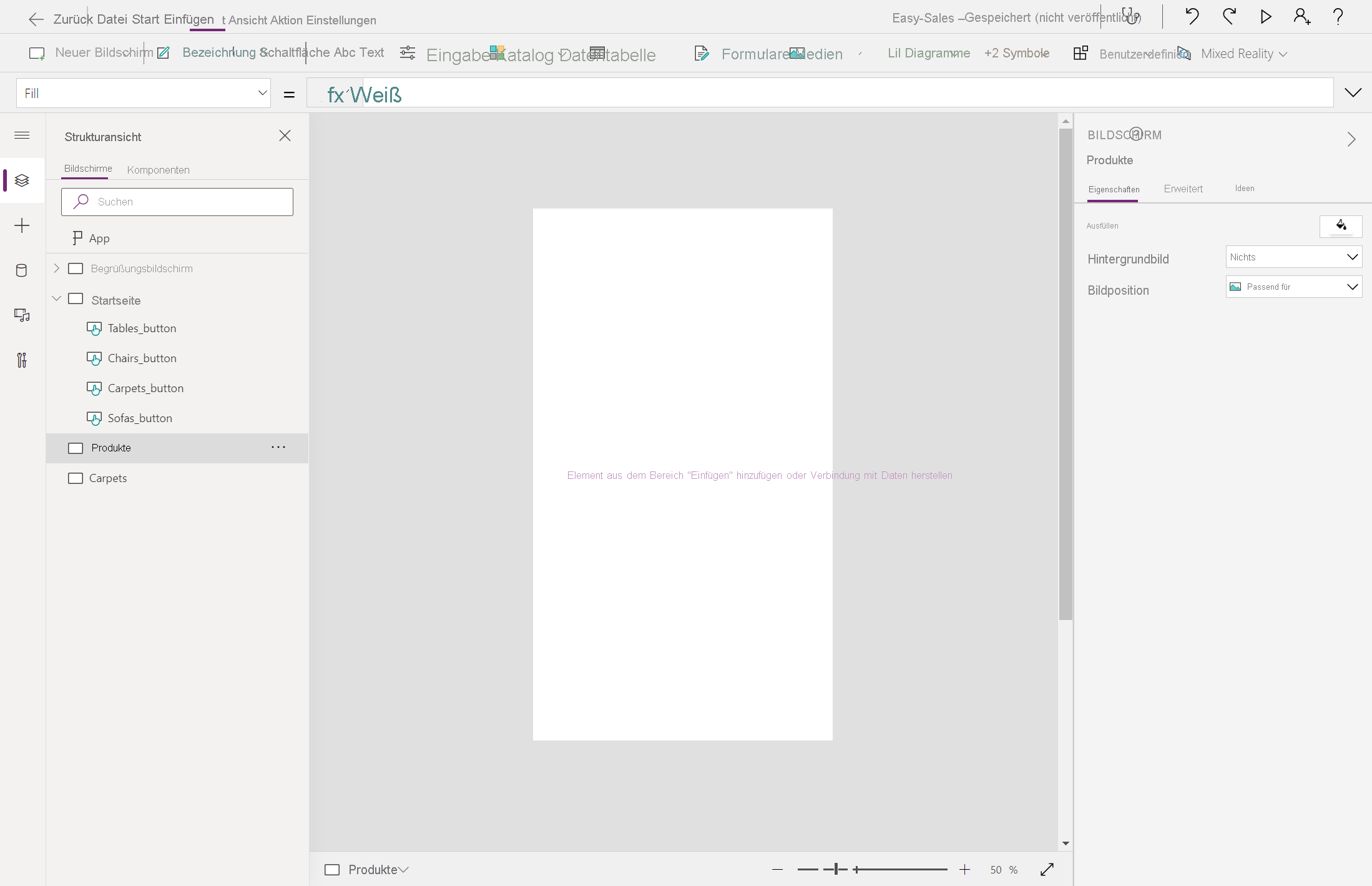 Screenshot des Hinzufügens neuer Bildschirme.