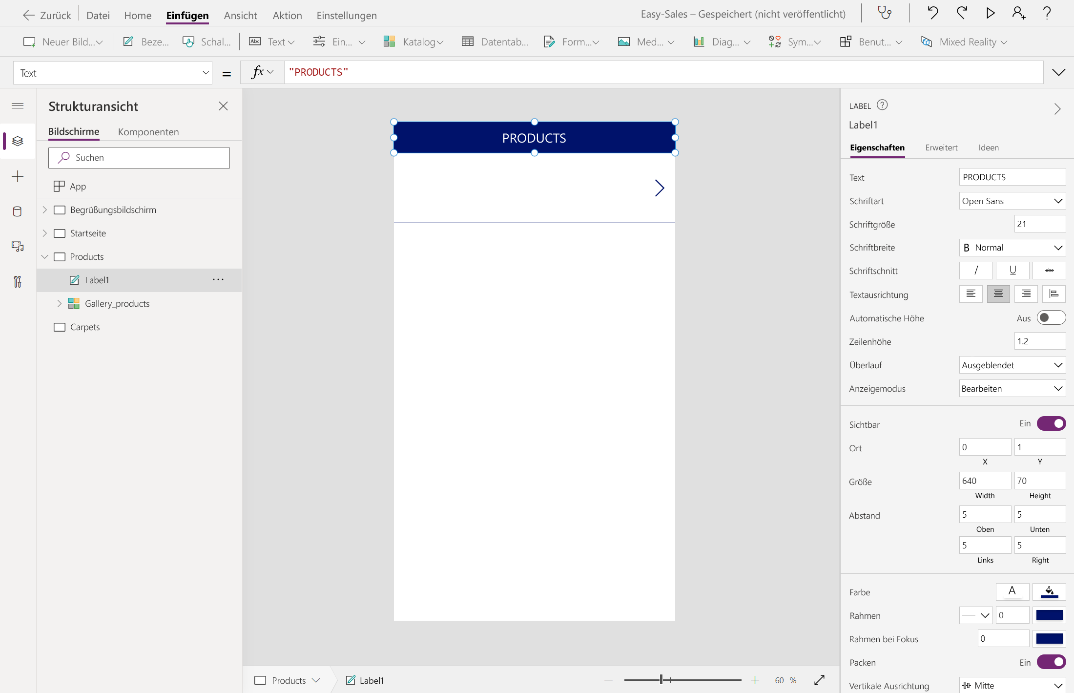 Screenshot des Hinzufügens von Bezeichnungen auf der Seite